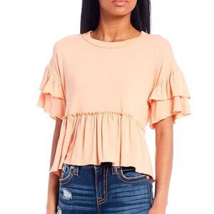 Originality Juniors Short Sleeve Peplum Top Blush Peach Ruffle XL Casual